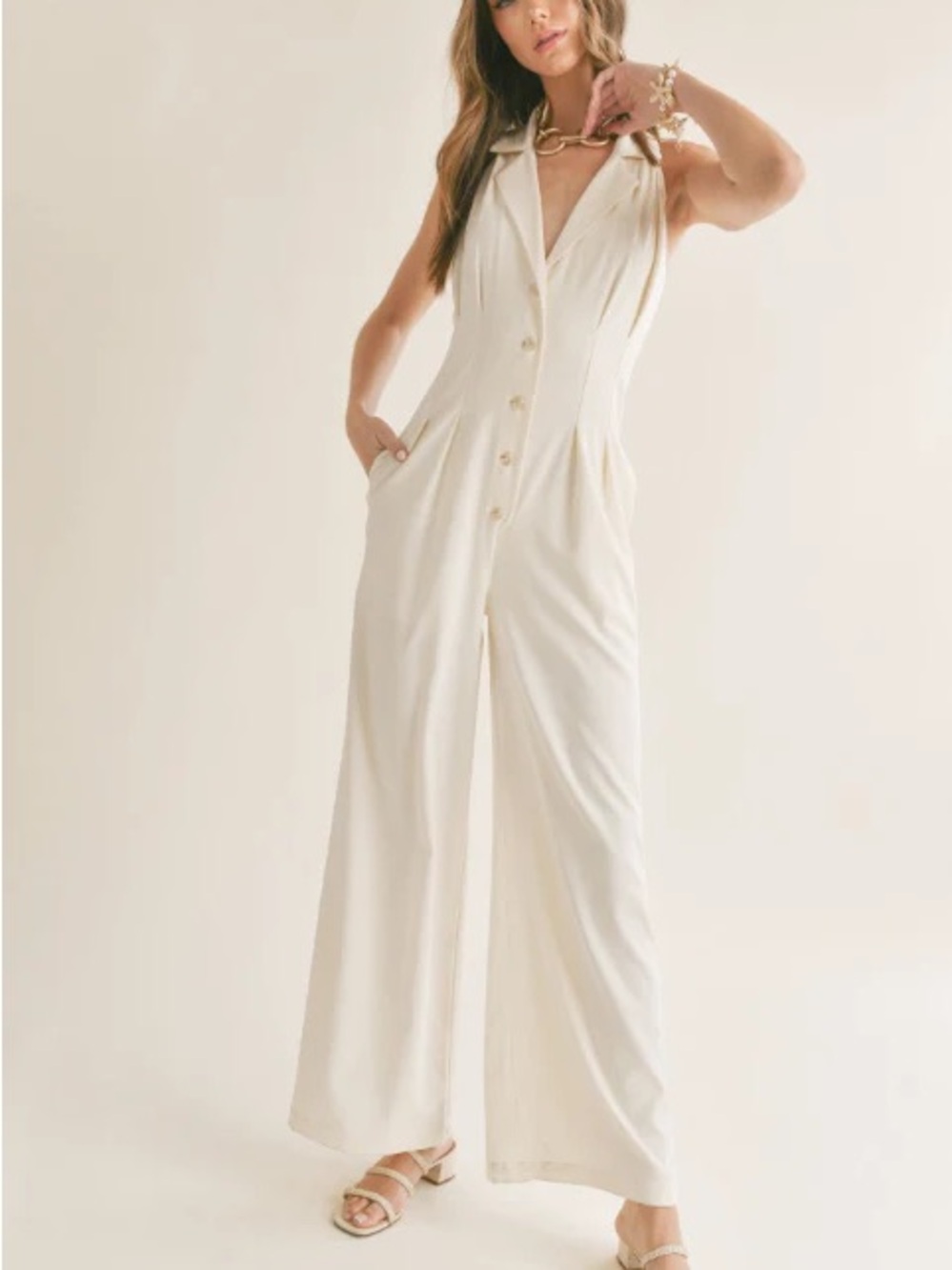 Sage Sleeveless Button-Front Wide-Leg Jumpsuit in Cream